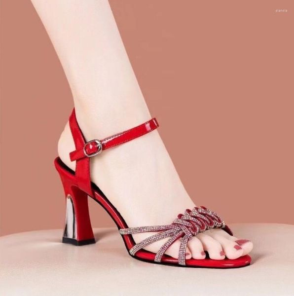 Kleid Schuhe 2023 Sexy Mode Strass Rote High Heels Damen Gladiator Sandalen Stiletto Party Braut Tacones Frauen Sandalias