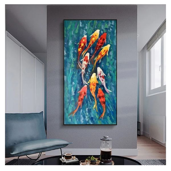Abstraktes neun Koi-Fisch-Landschaftsölgemälde auf Leinwand, Poster für Wohnzimmer, modernes Dekor, Wandkunst, Bild, HD-Druck, chinesischer Woo