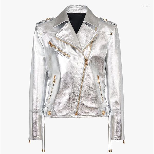 Damen Leder HOCHWERTIGE Est 2023 Designermode Damen Schnürung Metallic Silber Synthetik Motorrad Bikerjacke