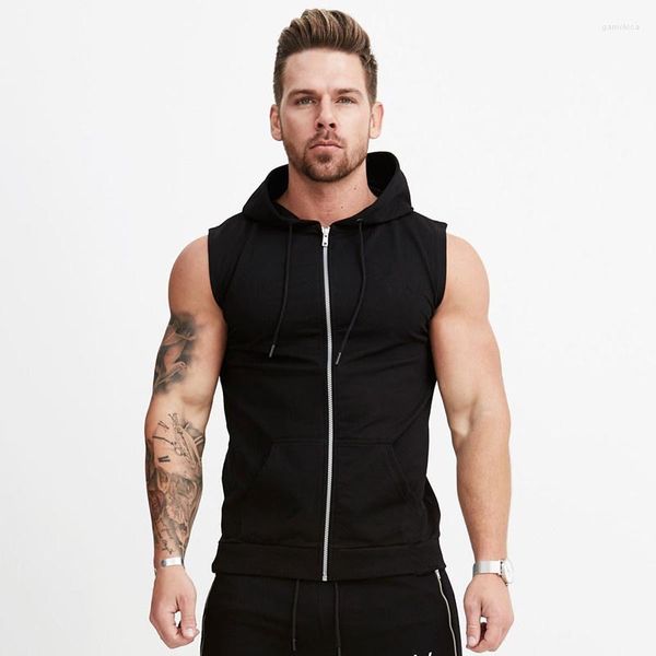 Männer Tank Tops 2023 Mens Zipper T-shirt Fitness Einfarbig Ärmellose Kapuze Strickjacke Casual Sommer Männlich Sport Laufen