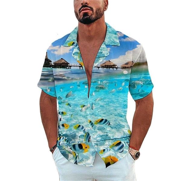 Camisas casuais masculinas Marine Life Printing Tees de férias de férias de praia de moda havaiana lapela de lapes de lazer de solteiro