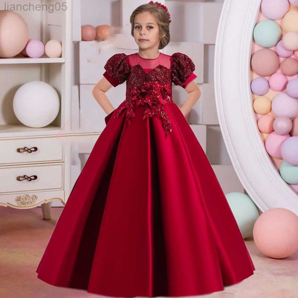 Vestidos de menina 2023 lantejoulas vestidos de festa de crianças para meninas vêm bridemaids Princess Dress Girl Wedding Puff Sleeve Sleeve vestido 5-14 y W0221