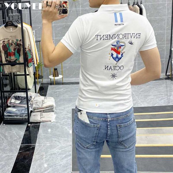 T-shirt da uomo Polo Tshirt Lettera maschile Anchor Ricamato Slim Fit Moda 2021 Estate Nuove Felpe casual Risvolto Tee Cotton Abbigliamento uomo Z0221