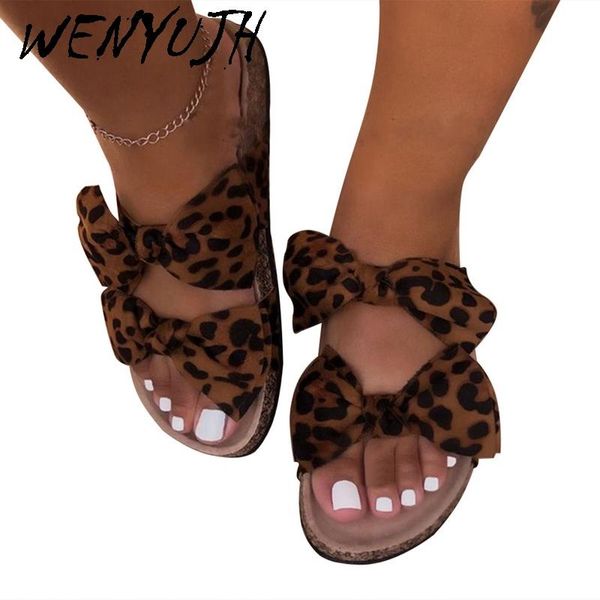 Sandali Bow Leopard Women Slipper Summer Open Toe Platform Slide Ladies Fashion Hollow Light Slip On Shoes