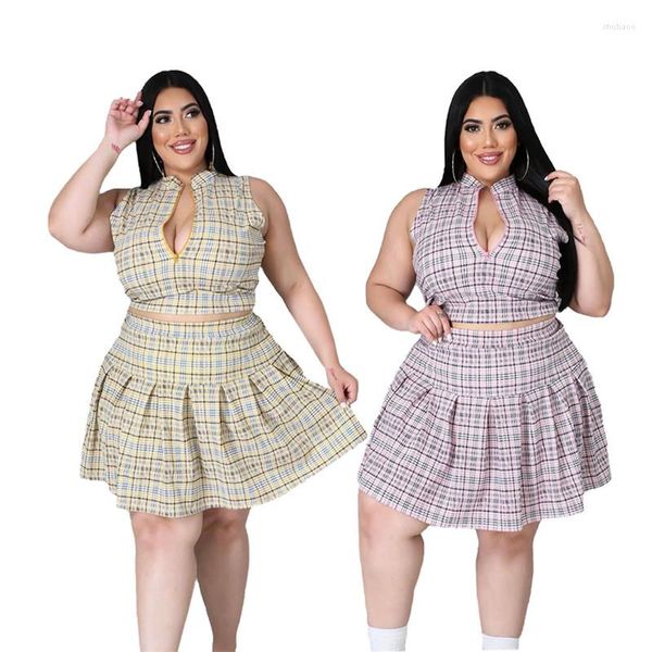 Work Dresses European Fashion Plaid Print Skirt Set Sleeveless Beach 2 Pieces Clothes Female Outfits Matching