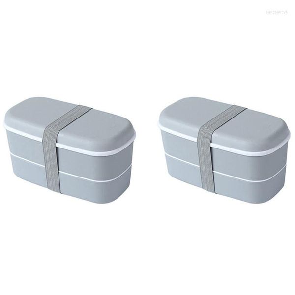 Set di stoviglie 2x scatola da pranzo a 2 strati microonde con compartimenti a prova di bento -contenitore bento bento grigio