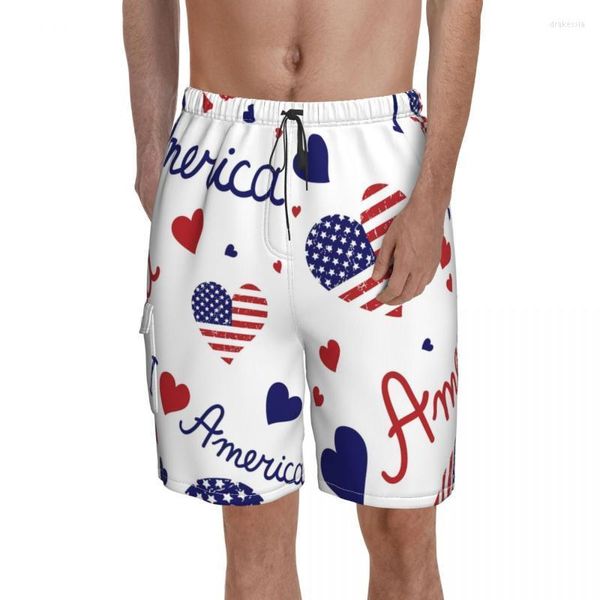 Herren Shorts 4. Juli American Flag Board I Love America Kurze Hosen Musterdruck Badehose Plus SizeHerren Drak22