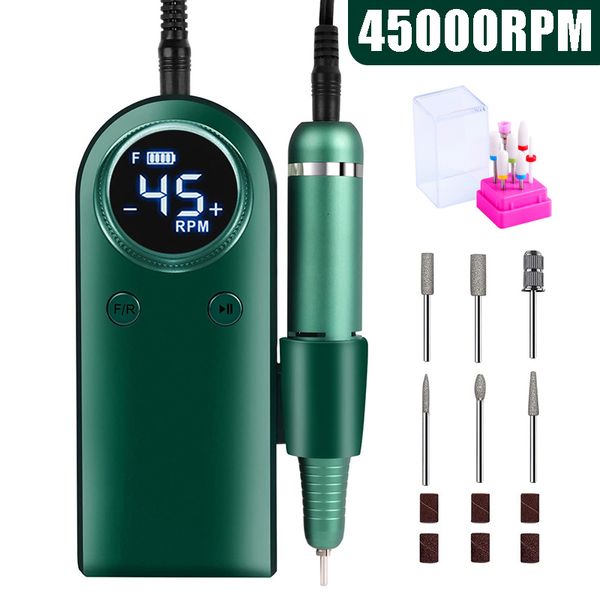 Nail Art Equipment 45000RPM Trapano elettrico per unghie Macchina per manicure ricaricabile con display LCD Trapano cordless portatile Set Strumenti per nail art 230220