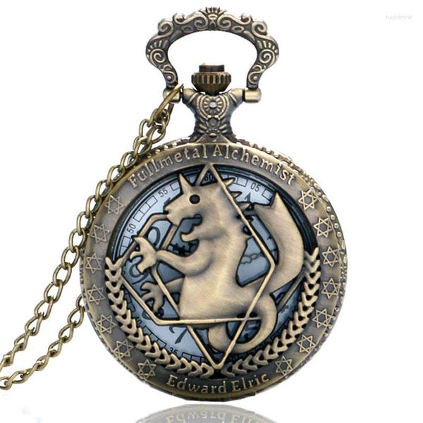 Taschenuhren Cool Hollow Bronze Fullmetal Alchemist Theme Quarz Fob mit Halskette Kette für Kinder Geschenk