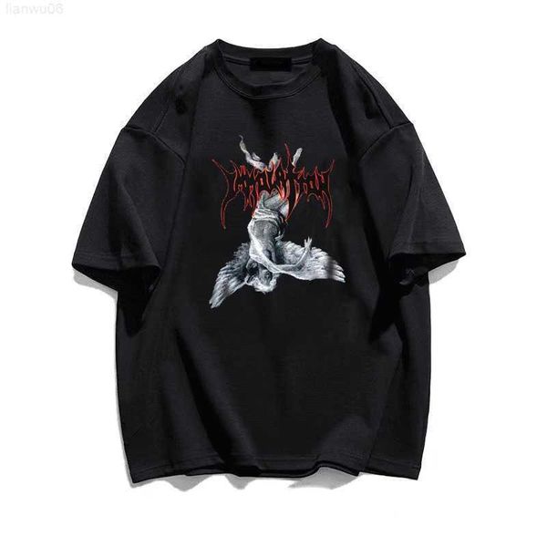 Camisetas masculinas 100 Cotton Men tshirts Devil Hell Angel Print Wings Padrão camiseta verão mulheres moda streetwear gótico