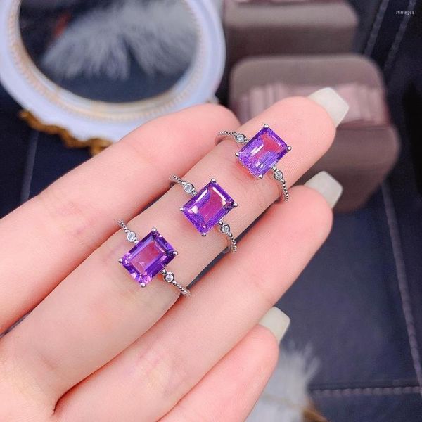 Cluster-Ringe, violetter Amethyst-Ring aus 925er-Sterlingsilber, Smaragdschliff, natürlich, schlicht und elegant für Damen