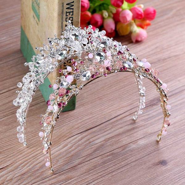 Tiaras novas contas rosa branco coroas de noiva, tiara tiara tiara tiara de cabeça de cabeça de cristal strô diadema rainha coroa de casamento acessórios para cabelo z0220