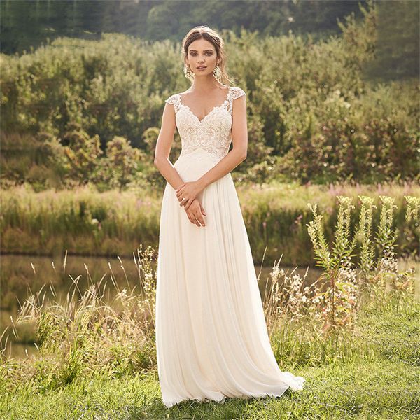 Partykleider Bohemian eine Linie Hochzeitskleid Applikationen Cap Sleeves Illusion Rücken für Frauen gegen Hals Brautkleider Robe de Court Zug 230221