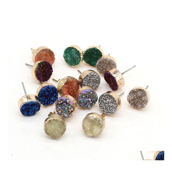 Stud 12 mm natuursteen kleur vergulde Druzy Drusy kwartskristal stenen gouden studs oorbellen sieraden voor vrouwen baby drop levering Dhiif