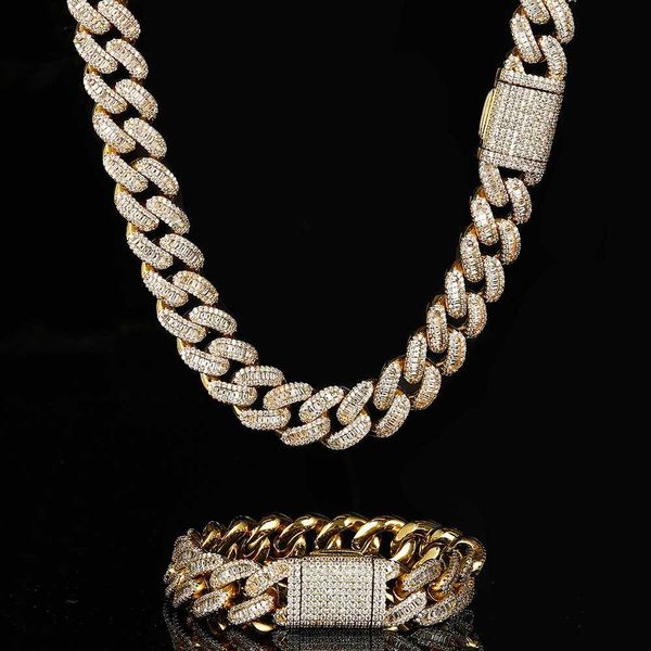 Pulseiras de colar de tenis de hip -hop de 15 mm Conjunto de jóias de jóias 18K Cadeia de ligação cubana de ouro real com diamantes cz de prata