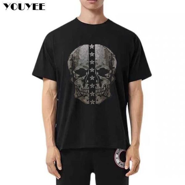 T-shirt da uomo Teschio Strass Teschio Magliette Uomo Estate Allentato Top Top in cotone di alta qualità Hip Hop Streetwear Tees Plus Size 5XL Abbigliamento maschile Z0221