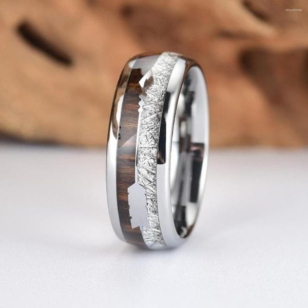 Anéis de casamento Moda de 8 mm de 8 mm de cor prata meteorito embutido aço inoxidável anel Koa Wood Arrow Vikings Bandas de caça para homens