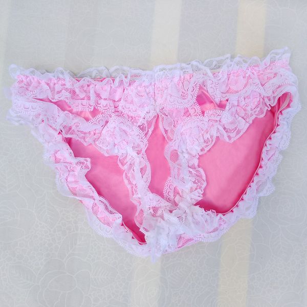 Bretazioni di sissy di raso lucido da uomo di lusso con mutandine di pizzo aperta cassetti di lingerie gay anteriori aperti