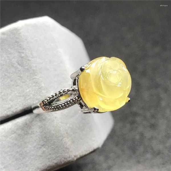Toca de cluster jóias de anel de flor âmbar amarelo âmbar para mulher Presente de homem de 12,5 mm Moda prateada Moda de pedra preciosa ajustável