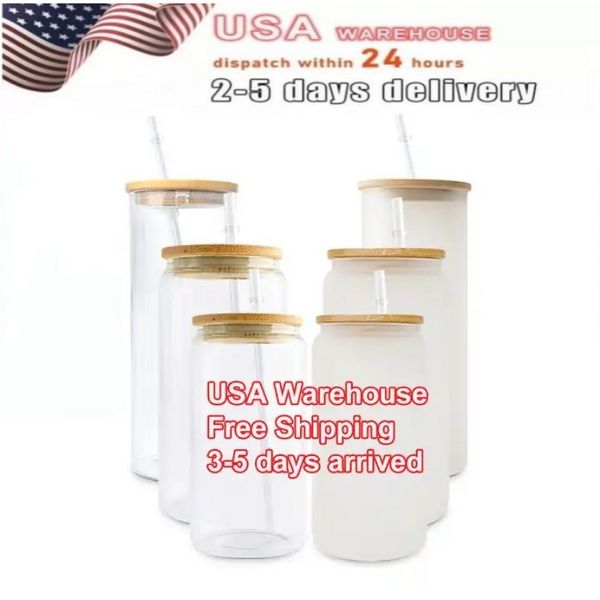 US-Lager 16OZ Sublimationsglas-Bierkrüge mit Bambusdeckel Strohbecher DIY-Rohlinge Frosted Clear Can Cups Wärmeübertragung DIY-Druckbecher TT0221