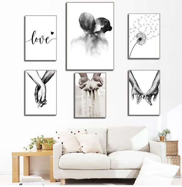 Poster baskı moda resimleri çiftler seven oda dekor1 siyah beyaz romantik el elinde tuval boyama aşk tırnak duvar sanatı woo