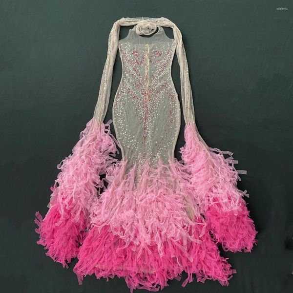 Сцена Wear Pink Diamond Tassel Fishtail Fier Soter Plore Sexy See Thip Through Debute Winder Dress Featurae Theme Party