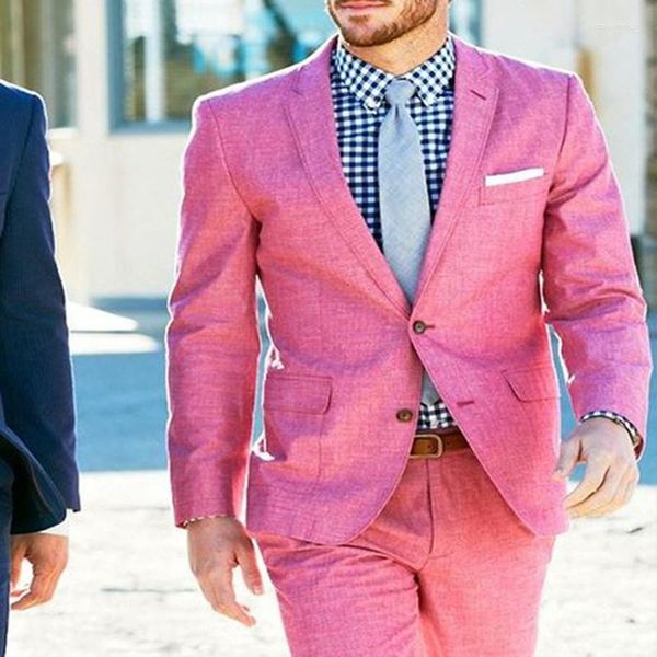 Abiti da uomo 2023 Pink Linen Beach Wedding 2 pezzi smoking dello sposo Mens Prom Dinner Suit Uomo Costume Homme Groomsman