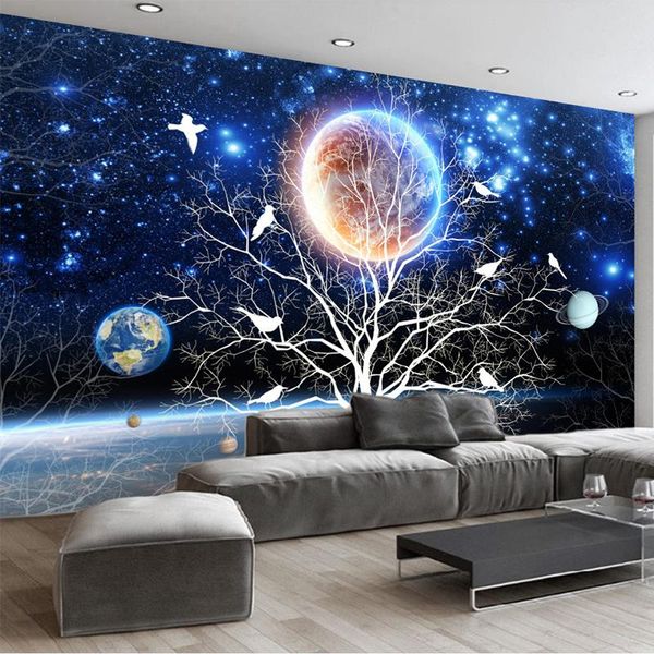 Tapeten 3D-Cartoon-Wandbilder Tapete Moderne Sternenhimmel Baum Blume Vogel PO Wandtuch Kinder Kinderzimmer Home Decor Covering