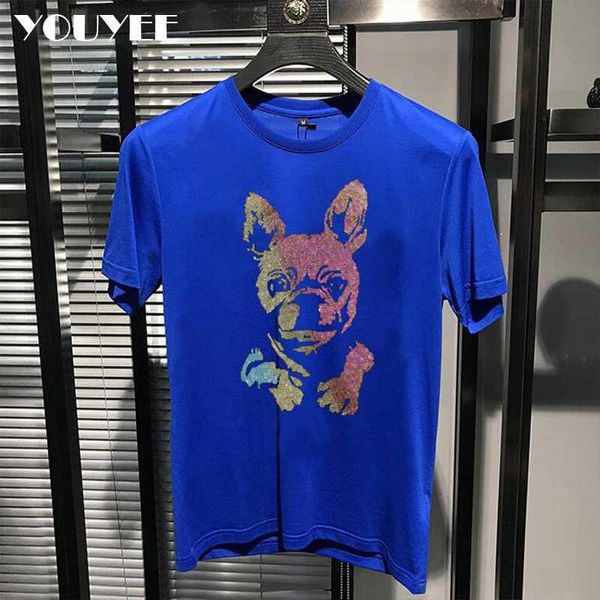 Erkek Tişörtler Çift Giyim Tshirt Moda Marka Köpek Head Cartoon Rhinestone Erkek Kadın Kısa Kollu Pamuk Tees Sokak Giyim Büyük Erkek Üstleri Z0221