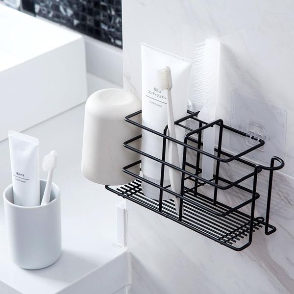 Set di accessori per il bagno Scaffale per bagno in ferro resistente Scaffale per spazzolino Scaffale per portaspazzolino in stile semplice Organizzatore da appendere a parete