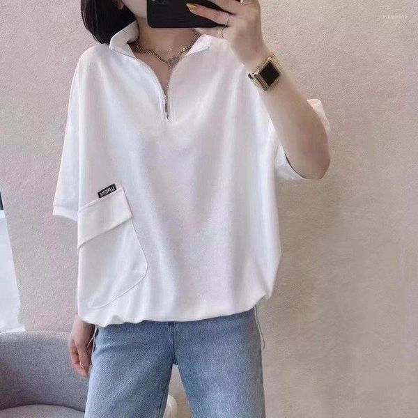 T-shirt da donna T-shirt in cotone manica corta da donna 2023 Summer Loose Top Thin Half Zip Mock Neck