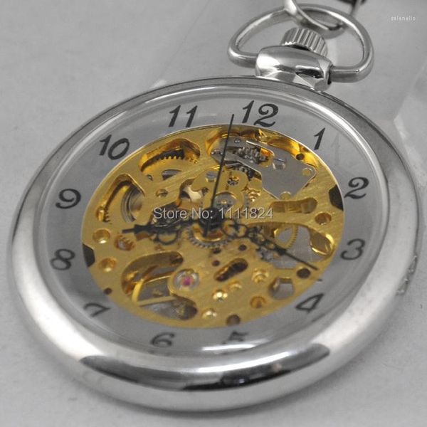 Relógios de bolso Números de aço inoxidável árabe steampunk Gold Skeleton Wind Wind Wind Pingnder FOB Bolso Relogio Mulheres 40mm