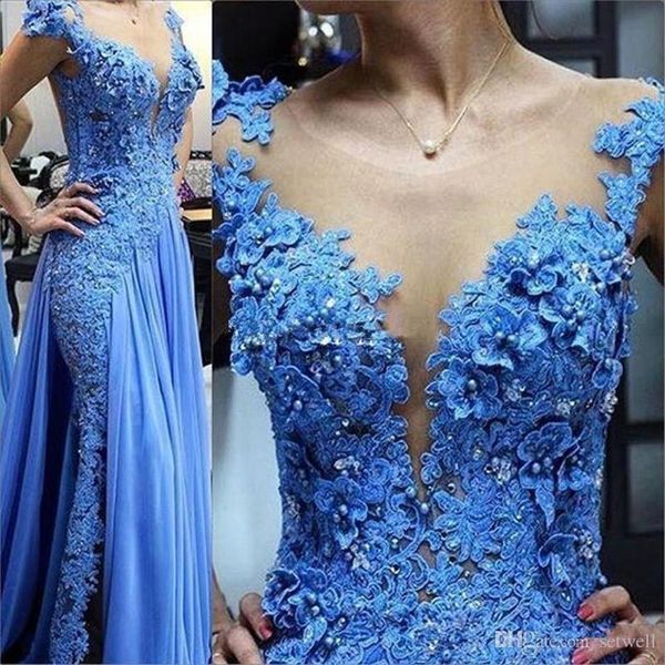 Abiti casuali Appliques in pizzo blu Madre della sposa Illusione perle perle formale madrina da sera per la festa di nozze abiti più 230221