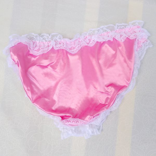 Cueca de roupas masculinas luxuosa cuecas de cetim brilhantes Sissy Sissy com babados calcinhas de renda de renda aberta do pênis frontal