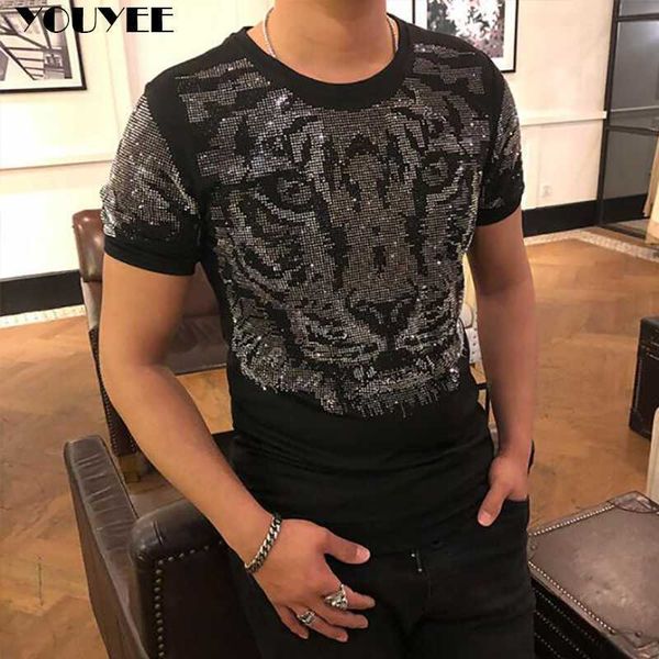 Herren-T-Shirts, 3D-Tigerkopf-Muster, heiße Diamanten, männliche T-Shirts, 2022, neuer Sommertrend, hübsches Kurzarm-Baumwoll-T-Shirt, beliebte Herrenbekleidung Z0221