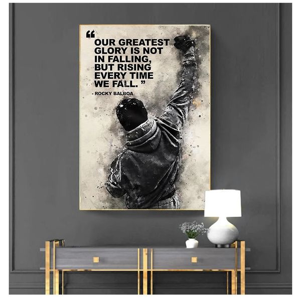 Leinwand Gem￤lde Poster und Drucke Motivationsplakate Wandkunst f￼r Schlafzimmer Dekor schwarze wei￟e Rocky Balboa Boxing Woo