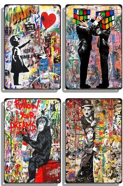 Banksy Graffiti Targa Decorativa Stile Astratto Latta Targa in Metallo Ragazza con Palloncino Cartellone Decorativo Wall Art Board Home Decor 20x30cm Woo