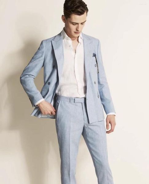 Abiti da uomo 2023 Abito da uomo in lino blu Sposo Smoking su misura Matrimonio personalizzato Doppio petto Giacca maschile 2 pezzi (giacca pantaloni)