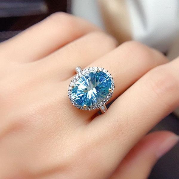 Кластерные кольца ручной работы 3CT Лаборатория Aquamarine Ring Ring 925 Серебряное обручальное обручальное кольцо для женщин драгоценные камни украшения пальцев