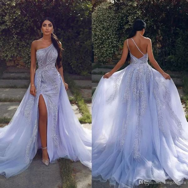 Split Mermaid Ballkleider One Shoulder Criss Cross Straps Perlen Applikationen Tüll Partykleider Sweep Zug Kleider für besondere Anlässe BC5507