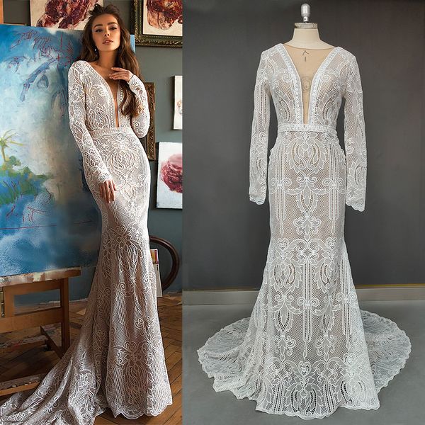 Abiti da festa Boho 2023 Profondo scollo a V ritagliato Abito da sposa in pizzo Real Pos Trasparente Retro Manica lunga Aperto Sheer Back Abito da sposa a sirena 230221