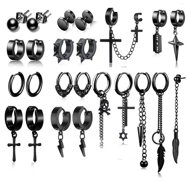 Ohrstecker, 2/24 Stück, Edelstahl, Scharnierring, Kreuz-Anhänger, lange Kette, Piercing, schwarz, cooles Gothic-Ohrring-Set für Männer und Frauen