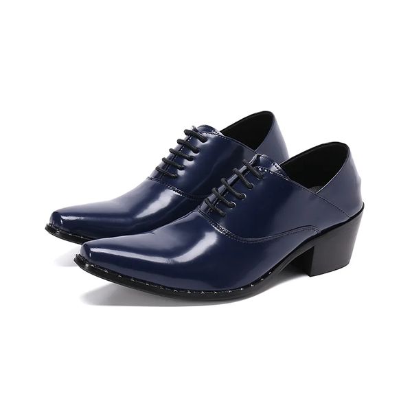Sapatos de couro genu￭no azul para homens aumentam altura de calcanhar calcanhar sapatos de brogue com sapatos formais de neg￳cios homem homem