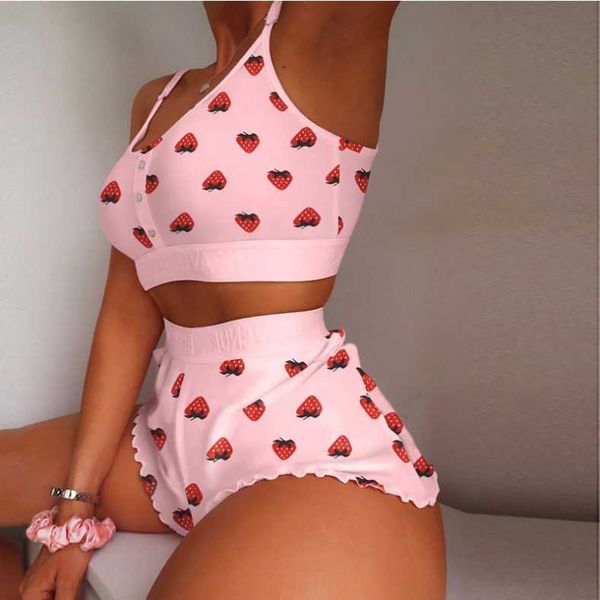 Sütyen Setleri Iç Çamaşırı Seti Kadın Seksi Yumuşak Tank Kırpma Üst Sutyen Set Sevimli Çilek Baskı Sutyen Set Dantel Dikişsiz Bralette Pijama Iç Çamaşırı L230220