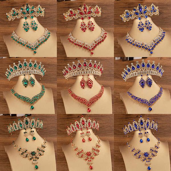 Tiaras Crystal Rhinestone Gelin Tiaras ve Crown Kadınlar Kraliçe Prenses Kırmızı Mavi Yeşil Kolye Setleri Moda Takı Seti Diadems Z0220