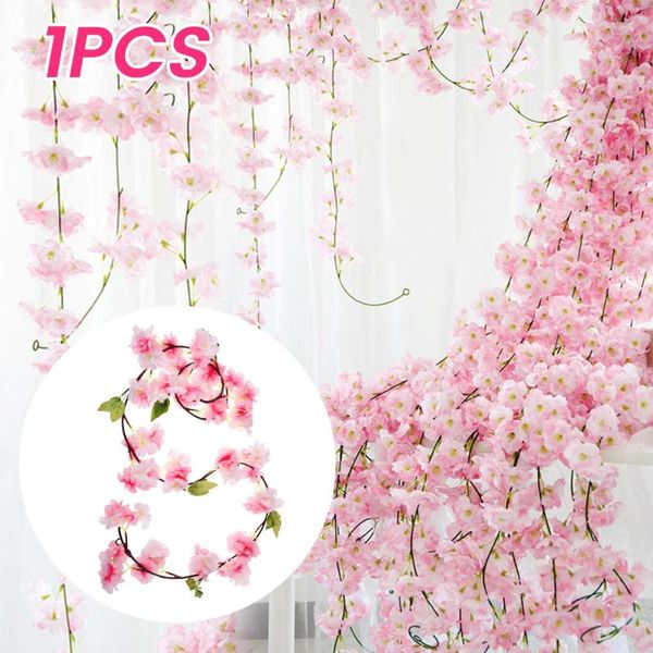 Flores decorativas 1,8 m Artificial Cherry Blossom Wall Holding Rattan String Vine Fake Vine com 84 rosa floral realista de seda floral