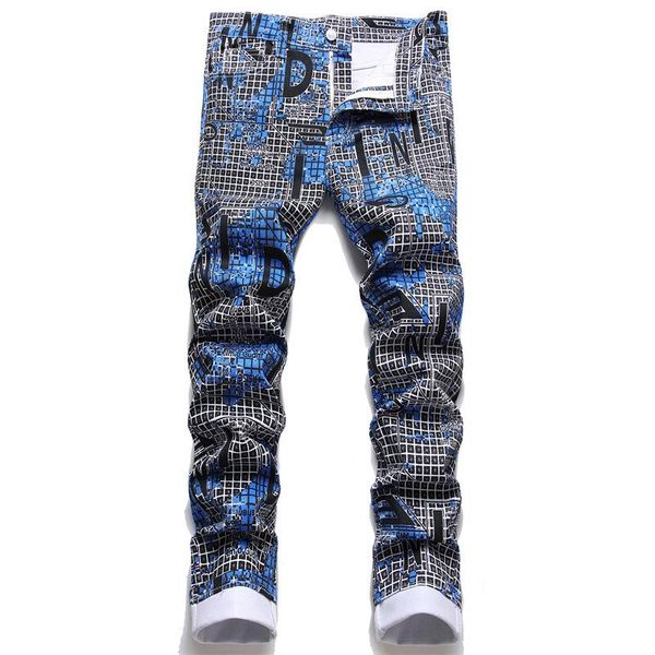 Jeans masculinos Men letras xadrezas de moda digital Moda esbelta calça de jeans de streetwear calças de rua