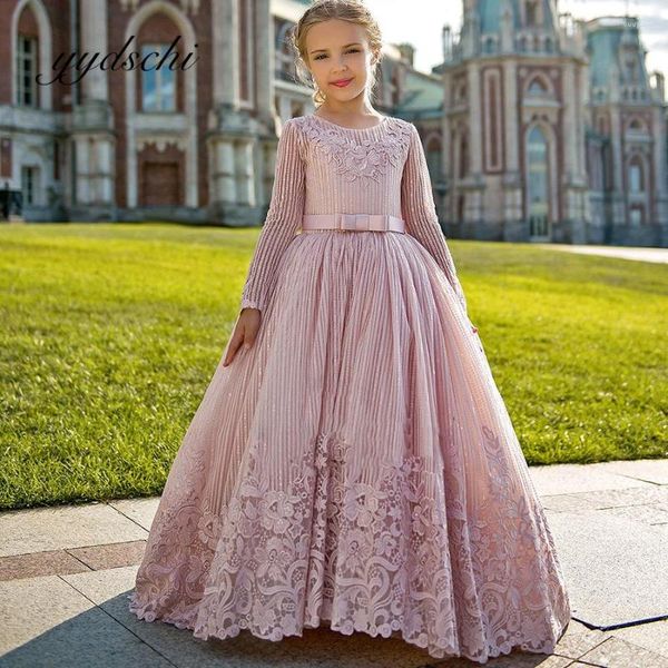 Abiti da ragazza Paillettes Fiori Matrimoni O-Collo Appliques Abito da ballo senza schienale in pizzo Elegante abito da principessa lungo fino al pavimento per bambini