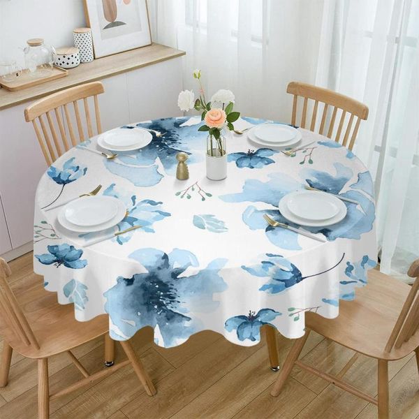 Tabela de mesa Flores azuis em aquarela no festival Round Festival Capa de toalha de mesa à prova d'água para decoração de festa de casamento