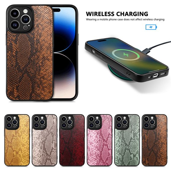 Capas de telefone à prova de choque para iPhone 15 14 13 12 11 Pro Max XR XS X Plus Padrão de pele de cobra Capa protetora de couro PU